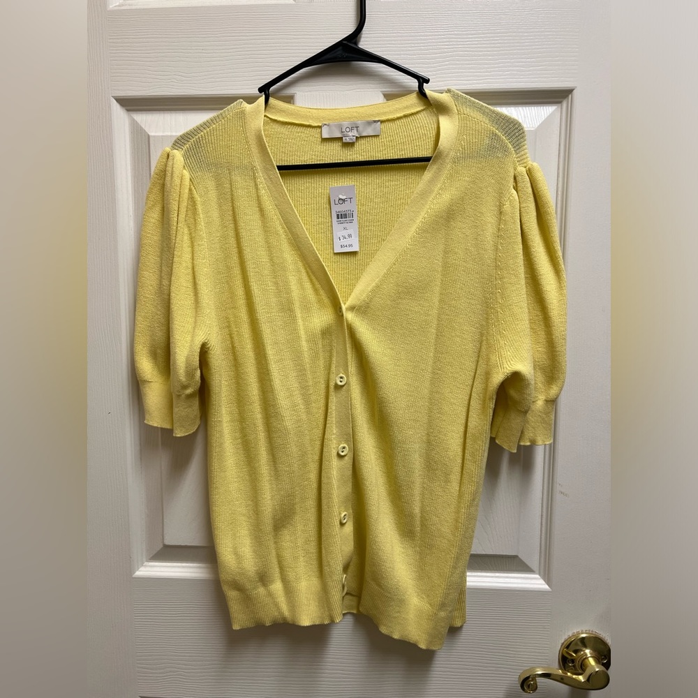 LOFT Yellow Short Sleeve Button Cardigan